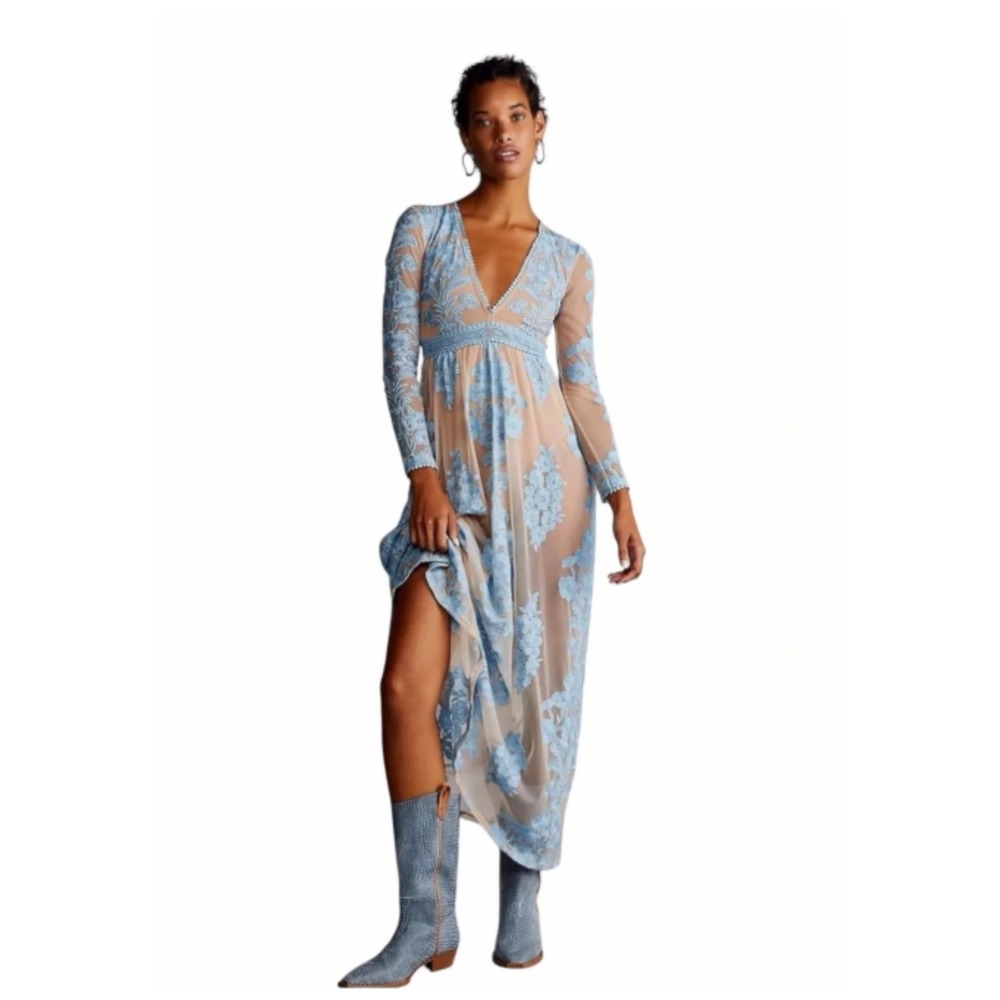 For Love & Lemons Temecula Maxi Dress Blue Nude Floral Embroidery Long Sleeve XS